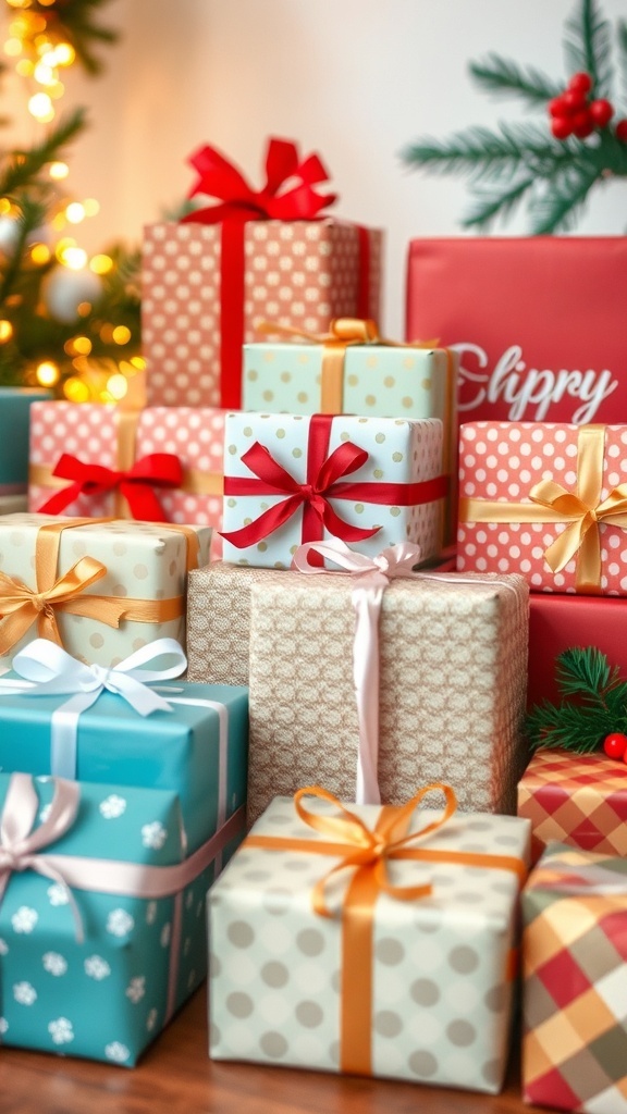 A colorful assortment of wrapped gifts with holiday decorations.